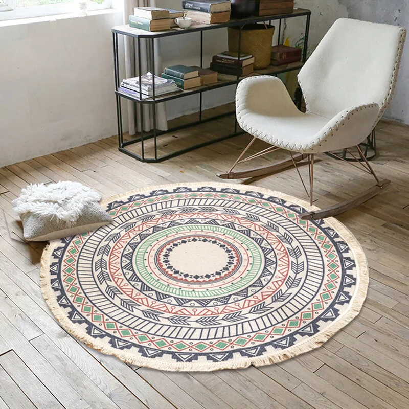 

Round Cotton Linen Tassels Rug Yarn Dyed Tapestry Mat Home Decoration Carpet For Living Room Bedroom rugs for bedroom