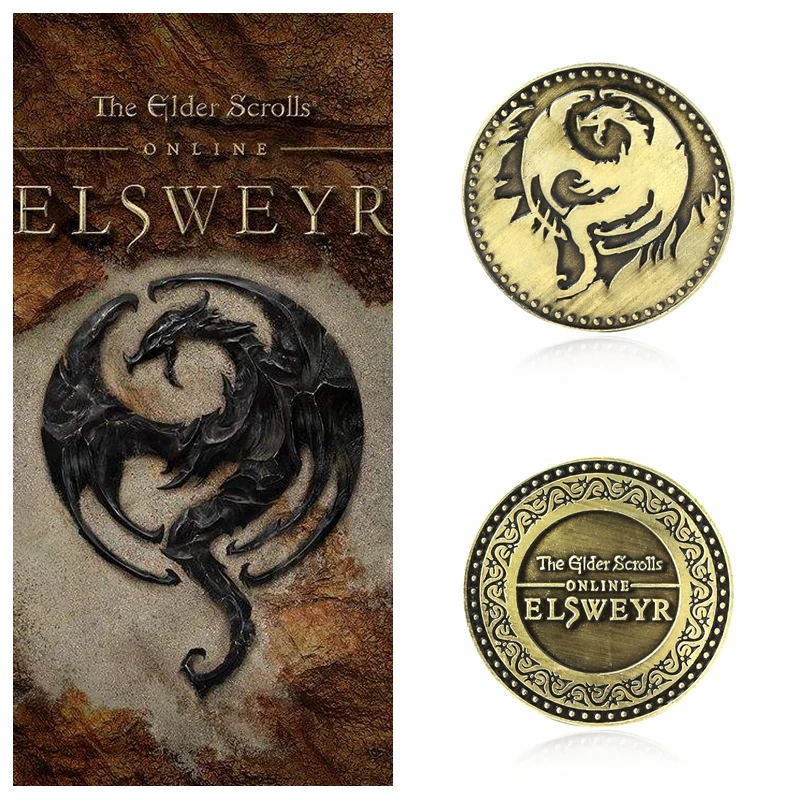 The Elder Scrolls Online Elsweyr Coin Keychain Drago Logo Ancient Bronze Key Chain for Women Men Fans Souvenir Jewelry Gift