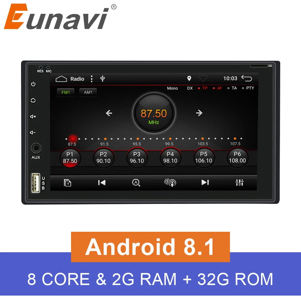 Eunavi Octa Core 2 Din Universal 170*96mm Android 8.1 Car Radio Stereo System 2din pc GPS Navigation WiFi USB Touch Screen | Автомобили и