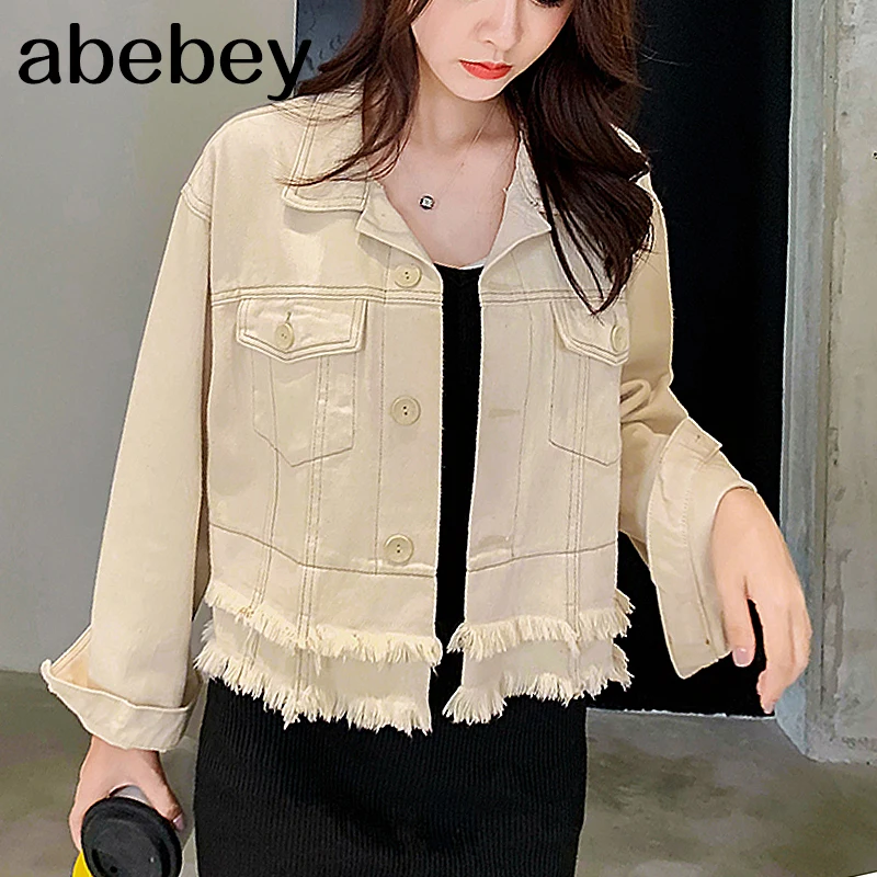 Женская джинсовая куртка короткая рваная с бахромой Повседневная Верхняя одежда