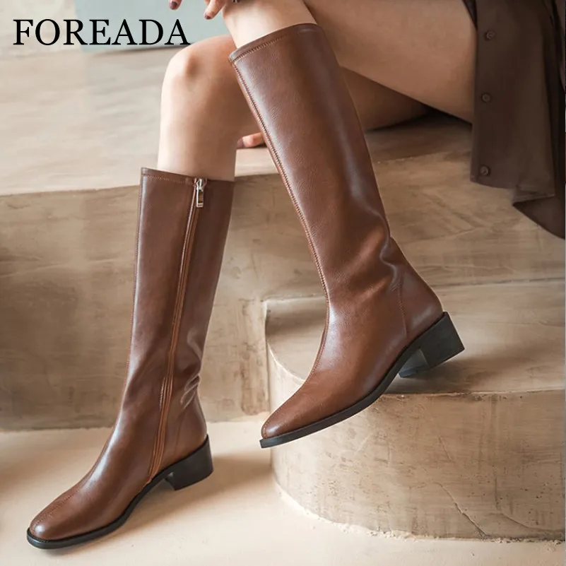 

FOREADA Real Leather Riding Boots Women Med Heel Knee High Boots Zip Chunky Heel Long Boots Square Toe Female Shoes Autumn Brown