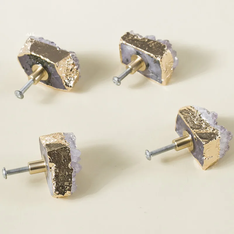 Ручки из латуни с натуральным аметистом в скандинавском стиле золотая для шкафа