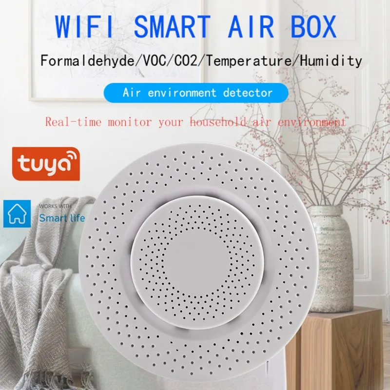 

Tuya Smart Home Wifi Smart Air Box Formaldehyde VOC Sensor Carbon Dioxide Temperature Humidity Sensor Automation Alarm Detector