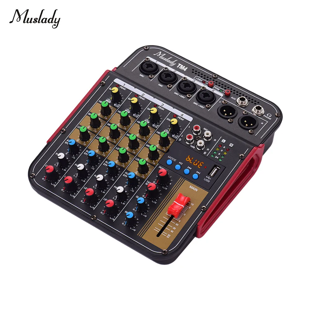 Muslady TM4 цифровой 4-канальный аудио смеситель микшерный пульт встроенный 48V Phantom Мощность с BT Функция миксер аудио миди клавиатуры