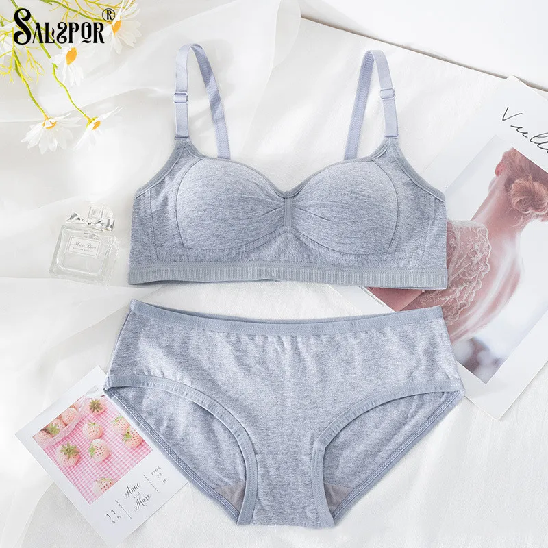 

SALSPOR Women Underwear Set Cotton Girls Breathable Bra Push Up Wireless Lingerie Set Seamless Back Closure Bra Suit