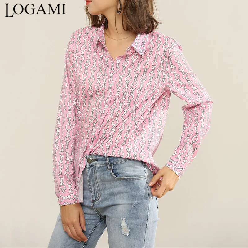 

LOGAMI Spring Summer Print Blouse for Women Turn-down Collar Long Sleeve Casual Shirt Ladies Elegant Blouse and Shirt