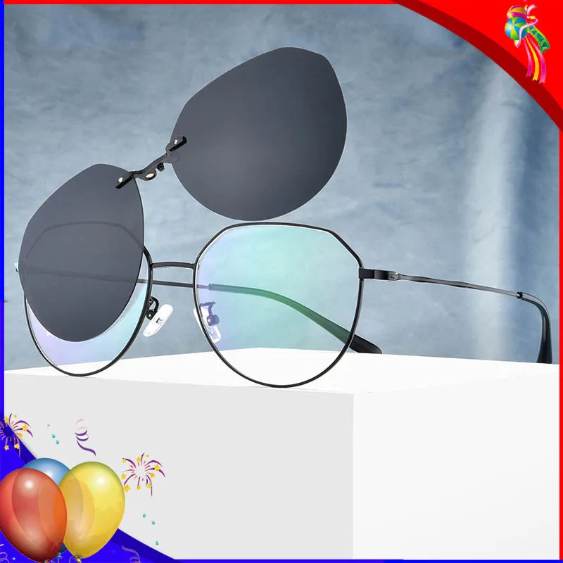 

Eyeglasses With Magnetic Clip On Sunglasses Men Alloy Prescription Glasses Frame Round Polarized Clips on Sun Glasses For Women