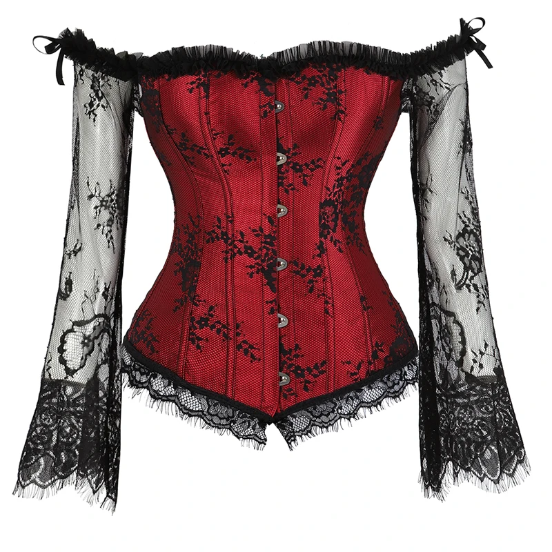 

Corset Top Bustier Lingerie Women with Long Sleeves Renaissance Plus Size Lace Floral Sexy Costumes Burlesque Red Black White