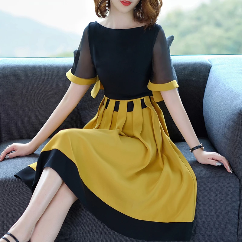 2021 Women Summer Mid Dress Patchwork Short Sleeve A-line Pleated Female Dresses Casual Loose Elegant Ladies Vestidos | Женская одежда