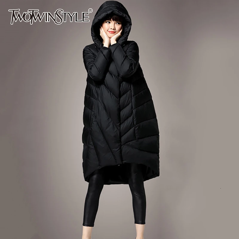 TWOTWINSTYLE ассиметричное хлопковое пальто женское с капюшоном воротником длинным