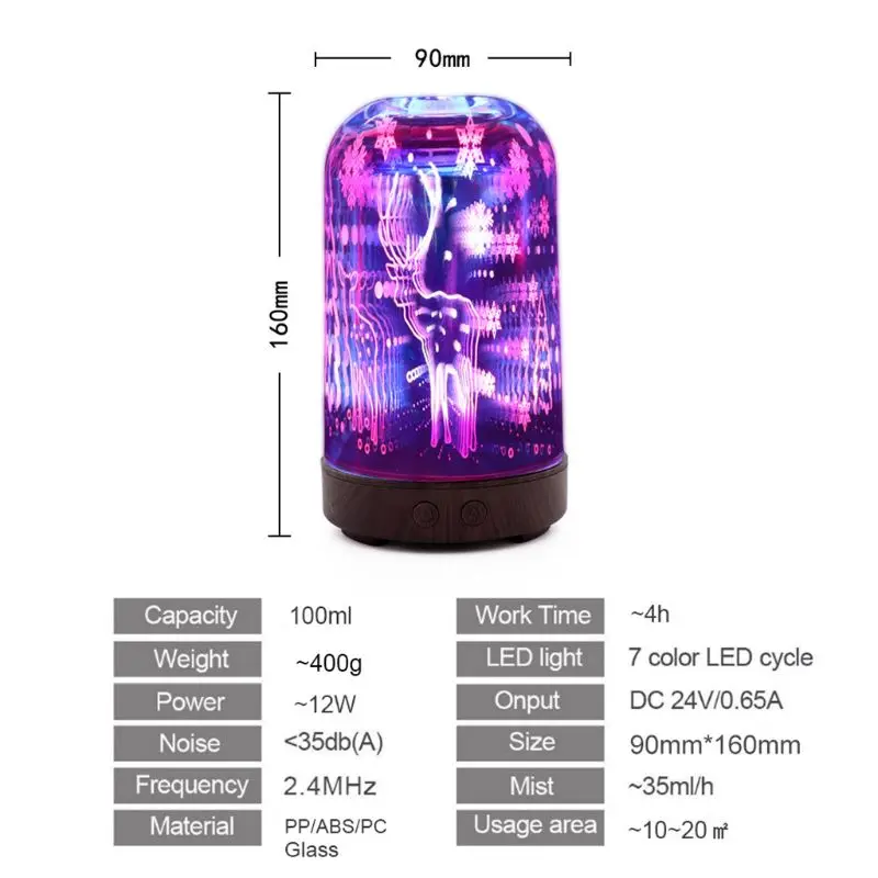 

3D Snowflakes Glass Aroma Diffuser Ultrasonic Air Humidifier with 7 Colorful LED Night Light Essential Oil Mist Maker