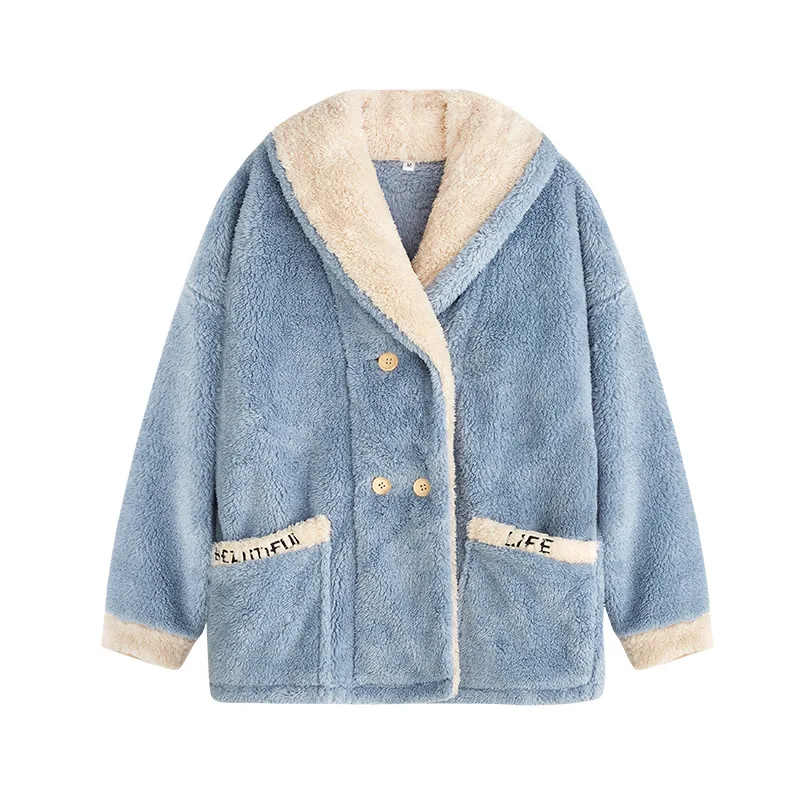 Winter Pajamas Set Women Sleepwear Warm Pajamas Pink Homewear Thick Button Up Turn Down Collar Pajama Set Schlafanzug