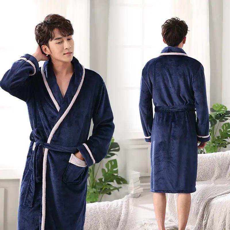 Couple Lounge Kimono Gown Coral Fleece Warm Robe Bathrobe Winter Casual Home Clothing Women Soft Flannel Nightgown Sleepwear - Цвет: Men B1