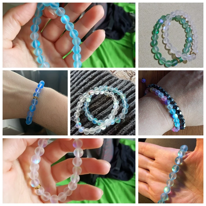 Браслет из матового лунного камня Multicolor 6 мм, оплетенный мерцающими стеклянными бусинами «Русалочка» и кристаллами из Австрии, унисекс.