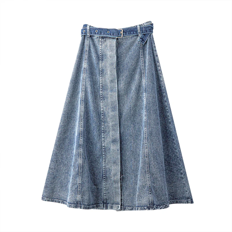 

Blue Single-Breasted Denim Ankle-Length Skirt With Belt Casual Loose A-Line Skirt Big Size Fashion Patchwork Denim Skirt Women