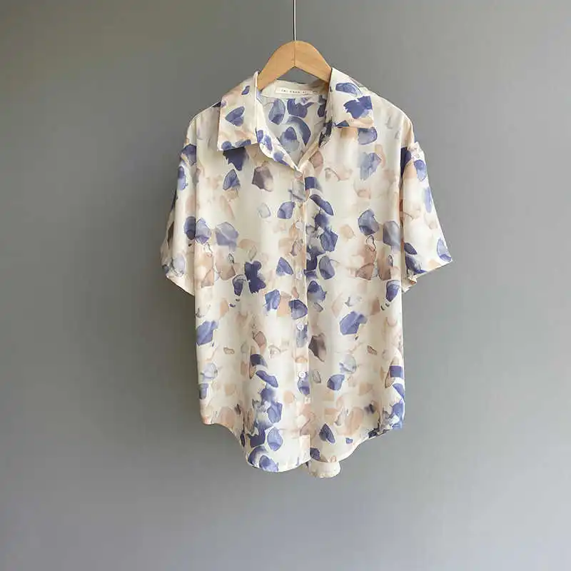 

COZOK Shirt Female 2021 Summer Salt Print Short Sleeve Shirt Loose Chiffon Top 7031
