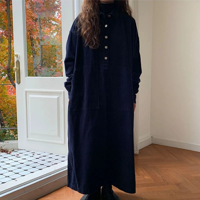 womens autumn corduroy casual shirt dress long sleeve loose oversized elegant midi vestidos femme fashion outerwear warm robe free global shipping