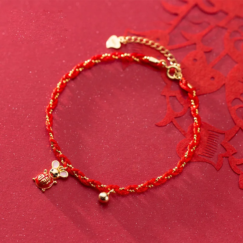Chinese Zodiac Animal Rat Mouse Red Bracelet for Lucky Women Girl 925 Sterling Silver String Bracelets with Beads and Charms | Украшения и