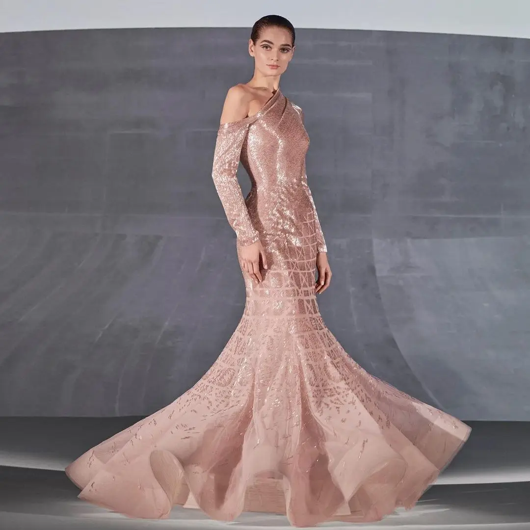 

Elegant Prom Dresses One- Shoulder Long Sleeve Sparkle Mermaid Event Dress Long Engagement Dress High Quality Organza Customize