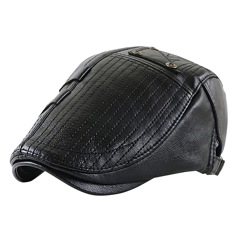 

2022 Peaked Cap Men Middle-Aged PU Leather Forward Hat Casual Old Beret Fashion Caps Stitching Autumn And Winter Solid Color