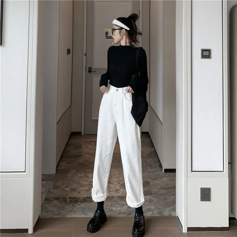 

Spring Korean version ins high waist white wide leg jeans women's versatile SLIM STRAIGHT pants student loose pants