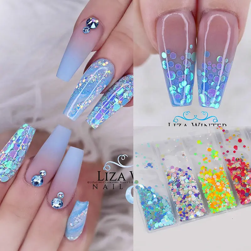 Смешанный Блестящий Порошок для ногтей 6 ячеек/пакет Радужные Блестки