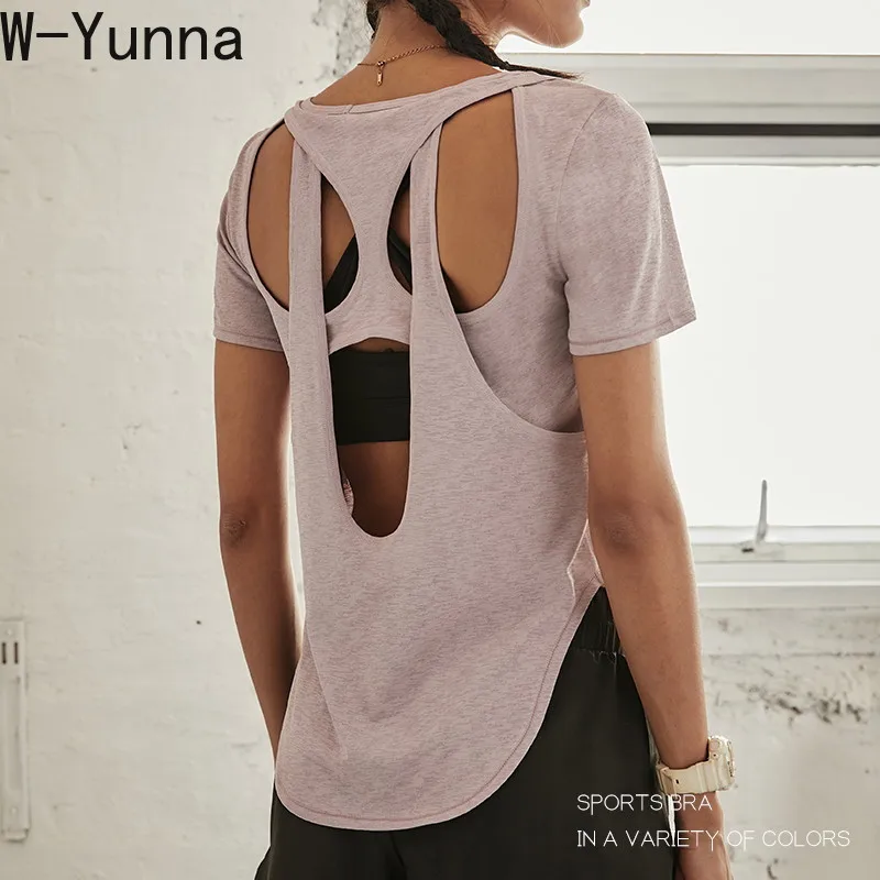 Новинка сексуальные футболки для тренировок W-Yunna с открытой спиной женская