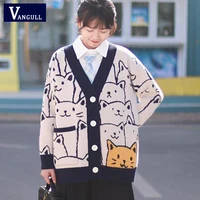 vangull harajuku knitted cardigan women cartoon cat print sweater vintage v neck single breasted loose thick streetwear sweater