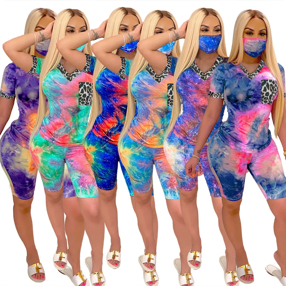 

Tracksuit Sets Women Mask Set Summer Outfits 2021 Short Sleeve Tops and Shorts Tie Dye Printed Stretch Bodycon Sexy Matching Set