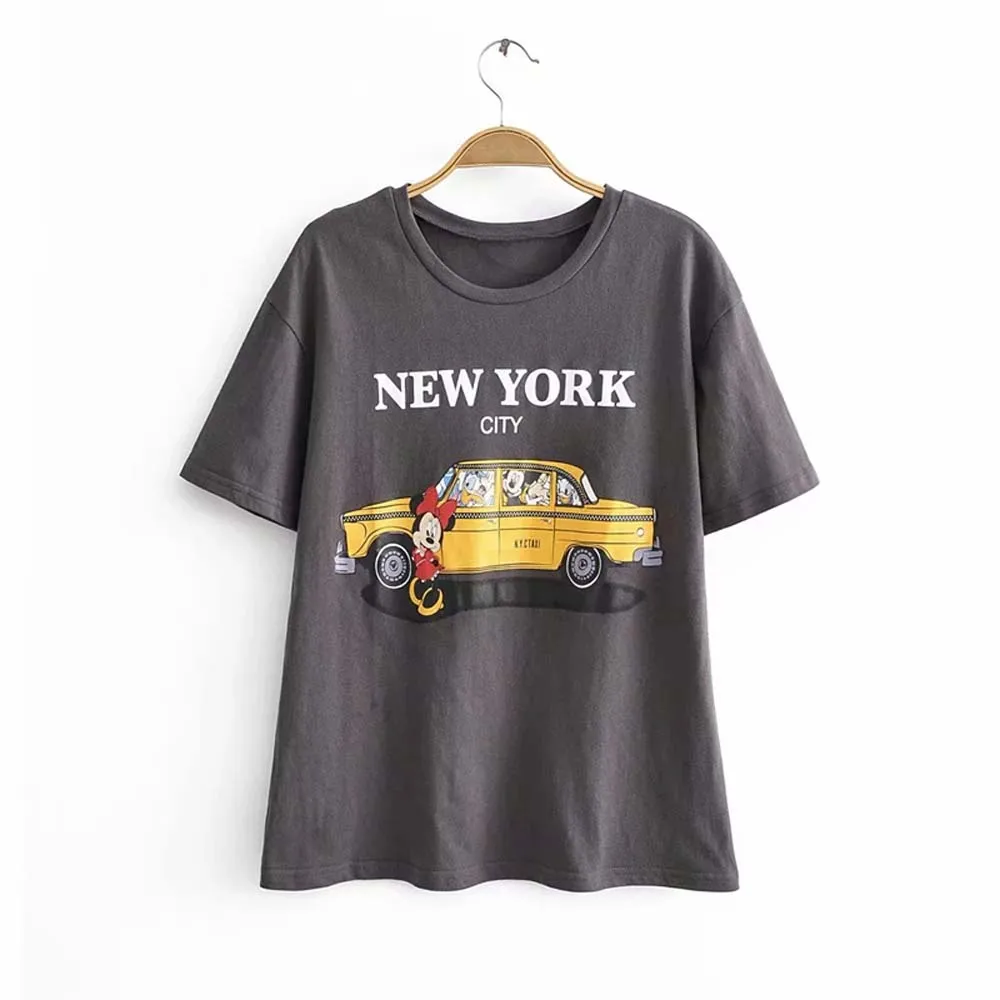 dark grey Летняя модная футболка Женская harajuku Корейская одежда уличная мультяшная девочка принт хлопок с круглым вырезом Футболка Топы Большие размеры - Цвет: dark grey