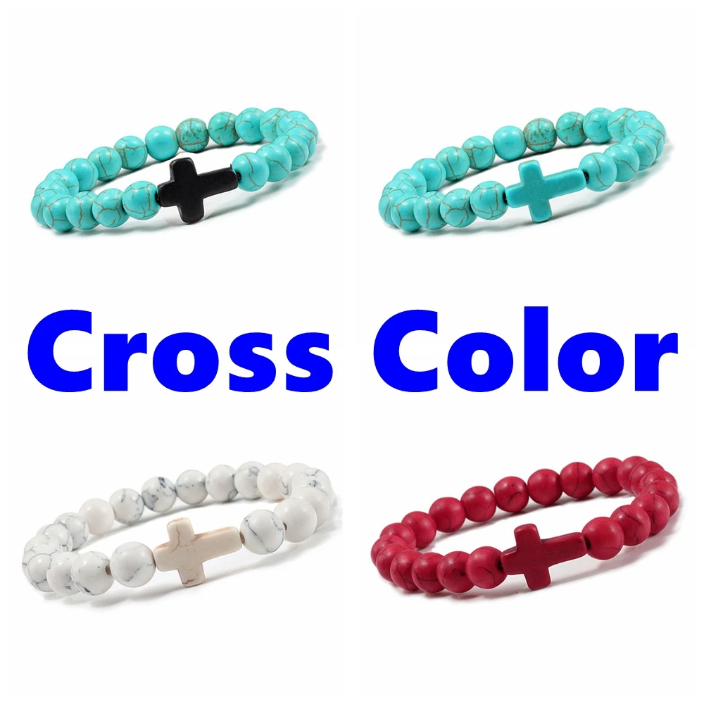 

Cross Bead Bracelets for Women Men 8mm Stretch Elastic Turquoise Cross Bracelet Set Jewelry Tiger Eye Lava Rock malachite onyx