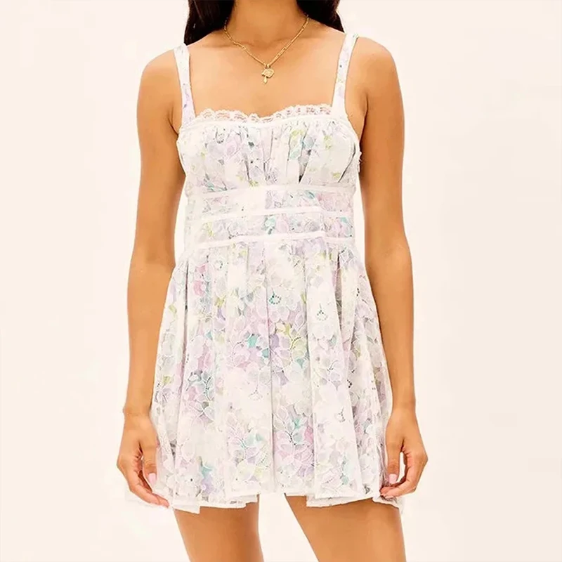 

Женское шифоновое платье на бретельках, платье без рукавов с цветочным принтом и кружевом, летнее праздничное мини-платье, новинка 2021
