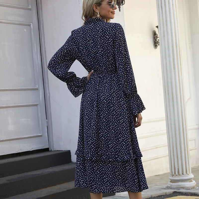 

2021 Spring and Autumn bow print traf long sleeve elegant black chiffon maxi dress for women robe femme vestido