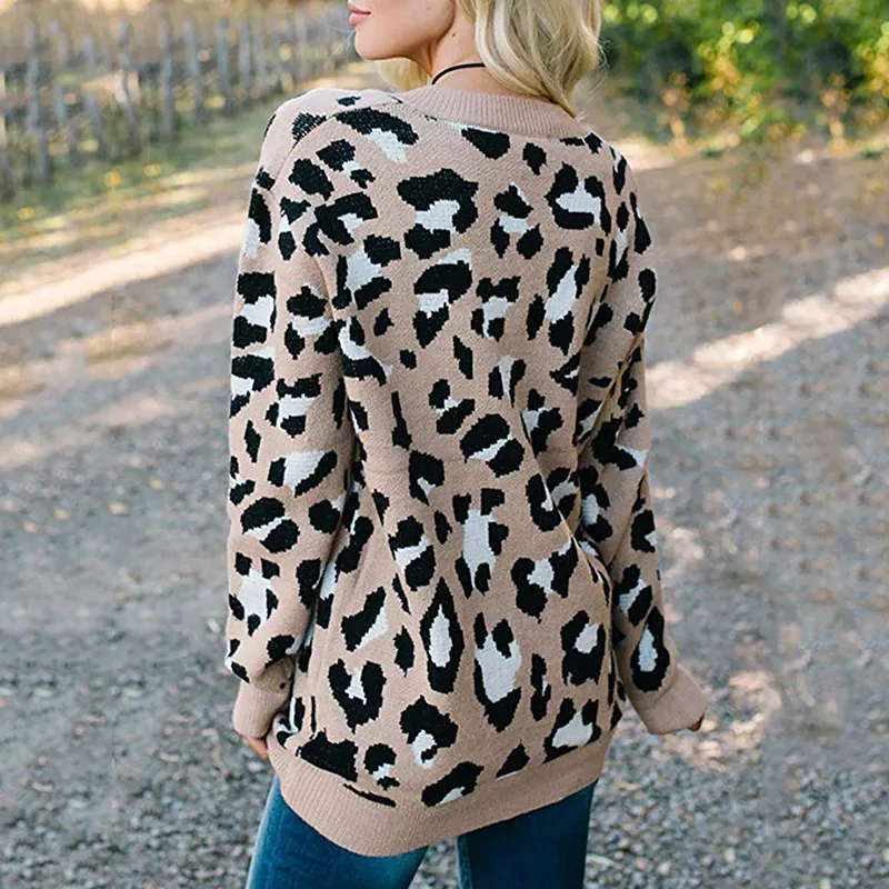 

Spring Autumn New Women Pullover V-Neck Long-Sleeved Sweater Ladies Leisure knit Leopard grain jacquard Blouse female Jumper