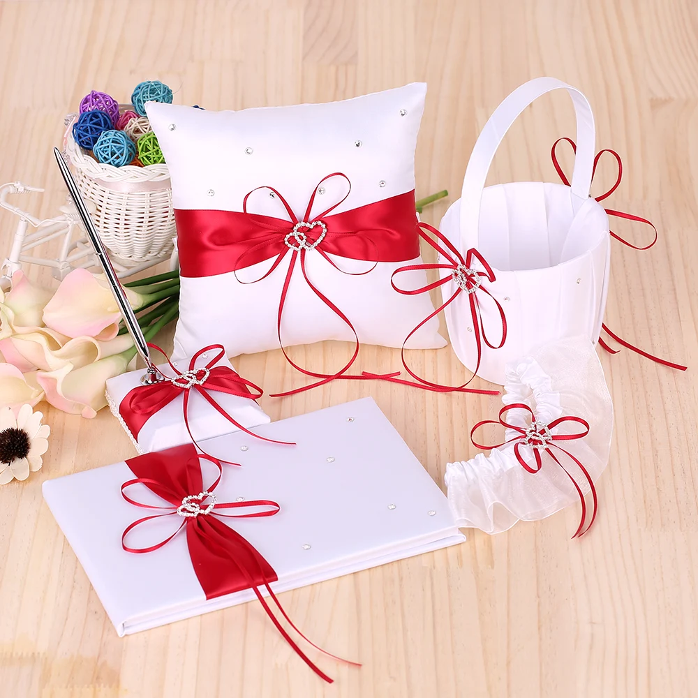 

5pcs/set Wedding Supplies Double Heart Satin Flower Girl Basket Ring Bearer Pillow Guest Book Pen Holder Bride Garter Set Blue
