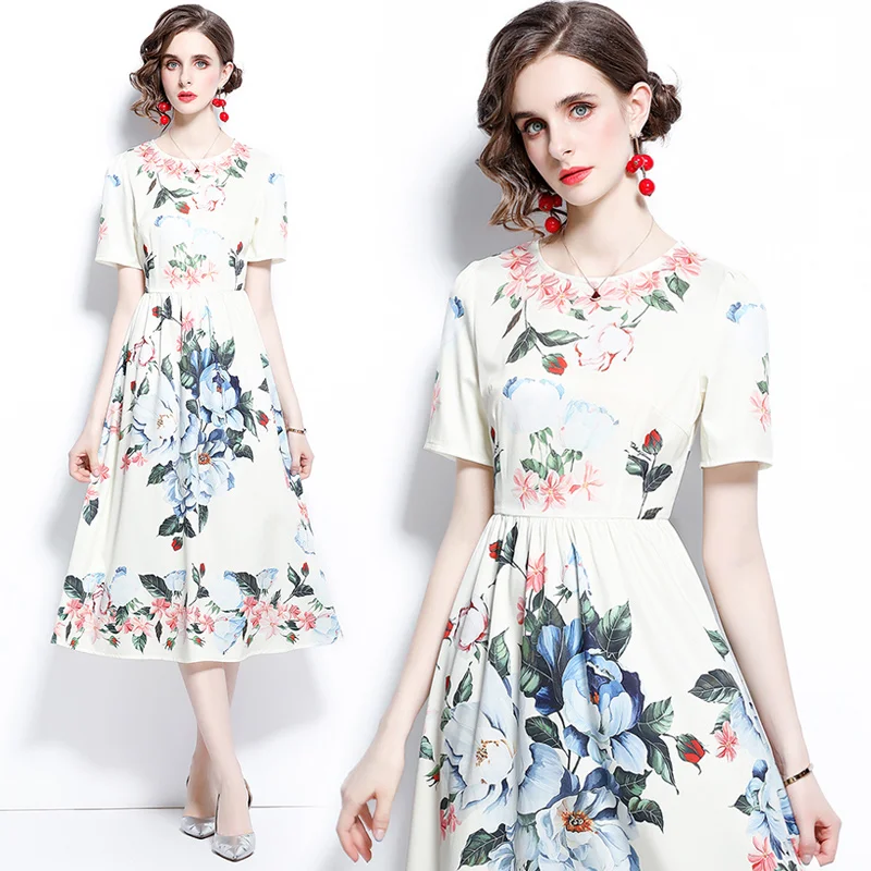

2021 New Women Dresses Office Lady A-LINE Printing Mid-Calf Women Dresses O-Neck Party Night Elegant Short Women Summer Dresses
