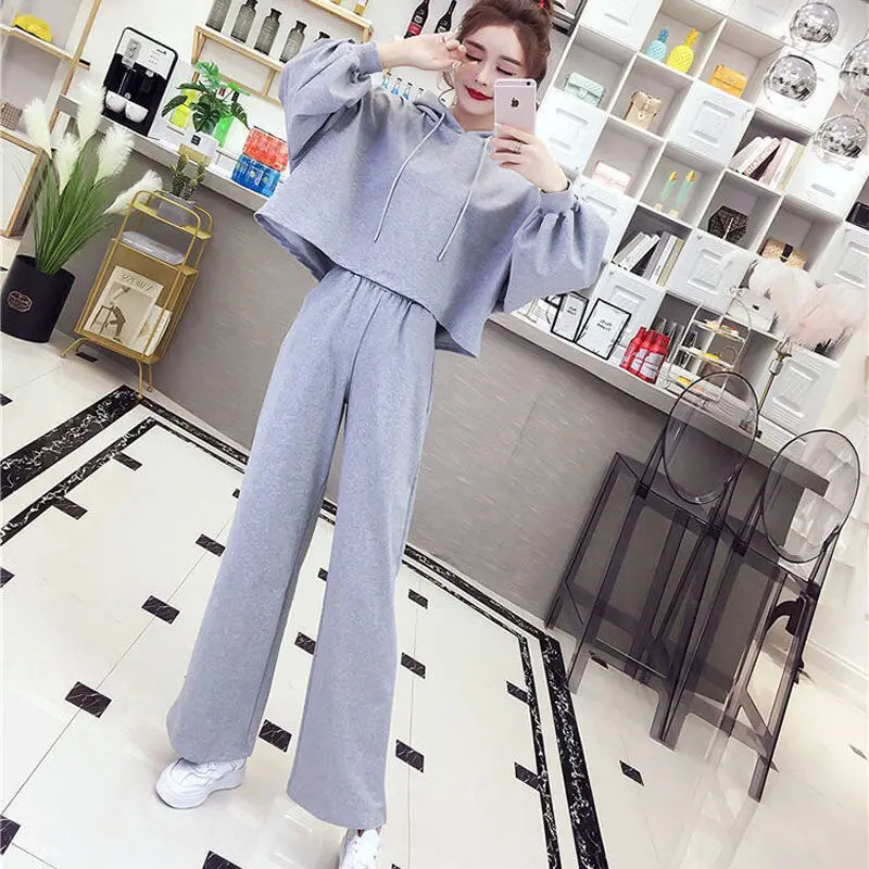 

Autumn fashion hooded suit women 2021 new Korean style hooded long sleeved sweater loose wide leg trousers casual two piece suit