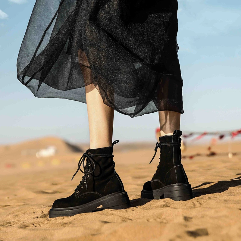 

VERCONAS Outdoor Casual Women Ankle Boots Autumn Winter Shoes Woman Lace-Up Cow Suede Platforms Motorcycle Boots Martin Boots