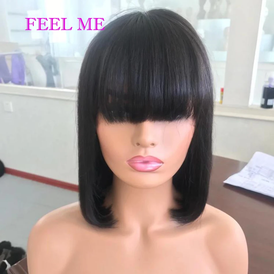 FEELME прямые волосы Боб человеческие парики с челкой 10 16 дюймов бразильские боб