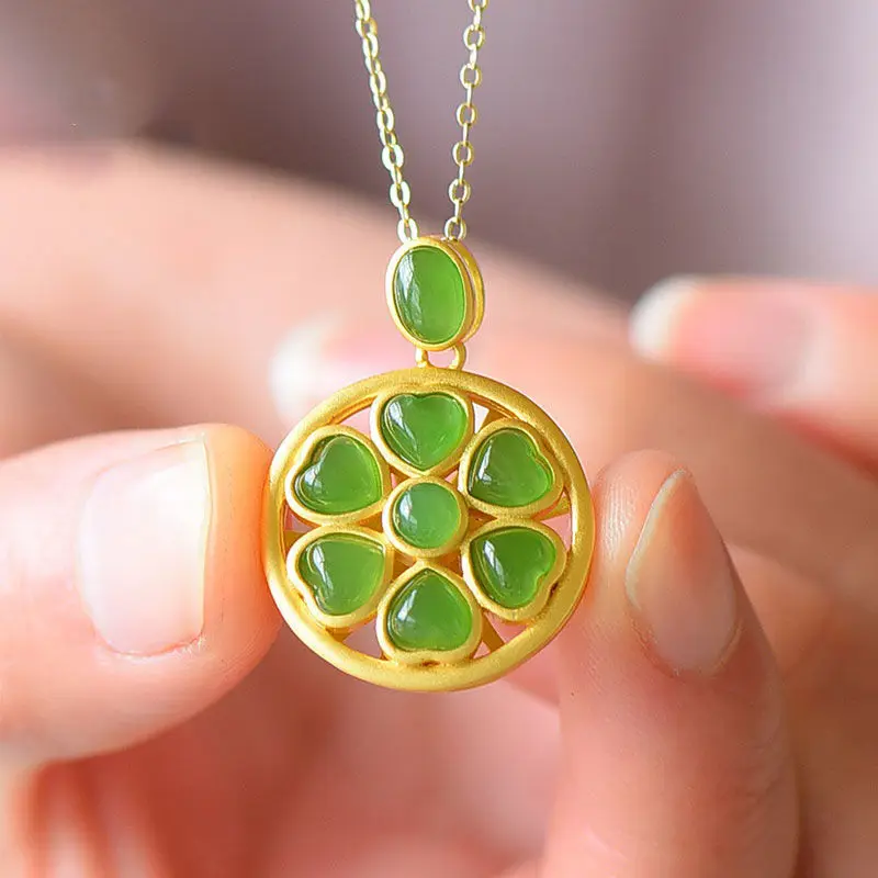 

New silver inlaid natural Hetian Jasper love reincarnation Pendant Necklace unique ancient gold craft women's brand jewelry