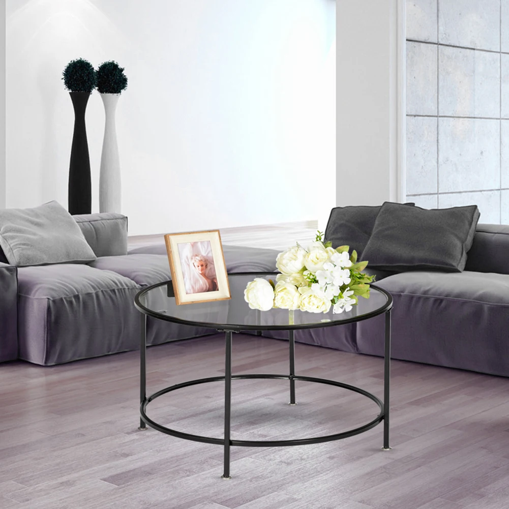 

Artisasset 2 Layers 5mm Thick Tempered Glass Countertops Round Wrought Iron Coffee Table Black
