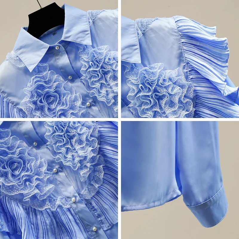 

INS Trendy POLO Shirt Office Lady Sweet Tops Spring Ruffles Patch Pearl Button Lace 3D Flowers Blue Women Blouse