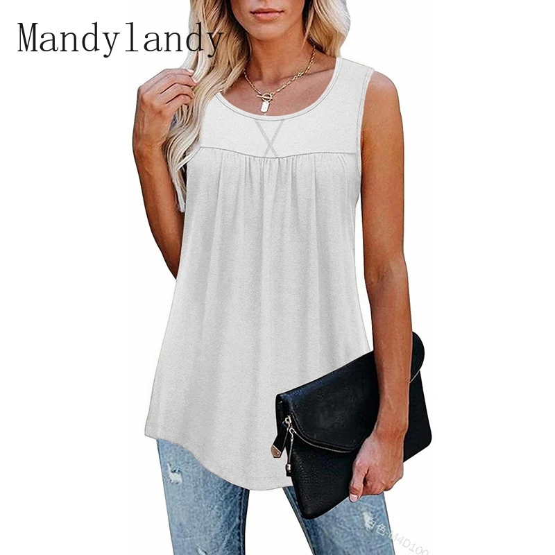 

Летний модный жилет Mandylandy с круглым вырезом, плиссированные шитые майки, Женский Повседневный однотонный Свободный жилет без рукавов