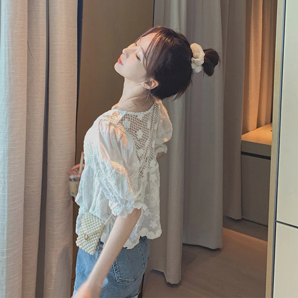 

Women Sexy White Blouse Lace Hollow Flowers A-line Sweet Travel Holiday Summer Fashion Young Fashion Lady Top Korean Tee