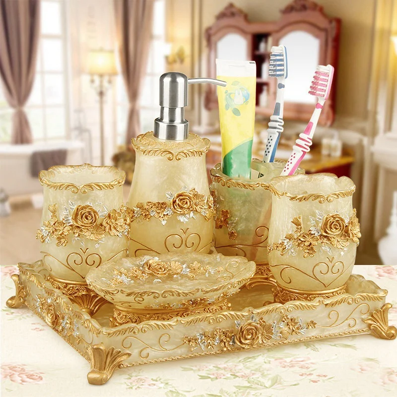 

5Pcs/Set European Resin Household Bathroom Set Soap Dispenser Tooth Brush Holder Cup Soap Dish Storage Set