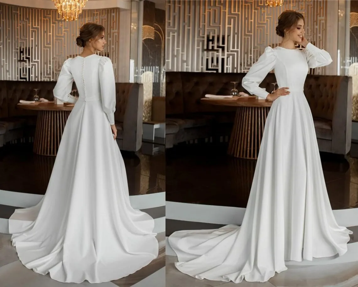 

Vestidos De Novia Simple Vintage White Ivory Satin Wedding Dress for Women Long Sleeves Princesa Bridal Gowns Robe Mariée France