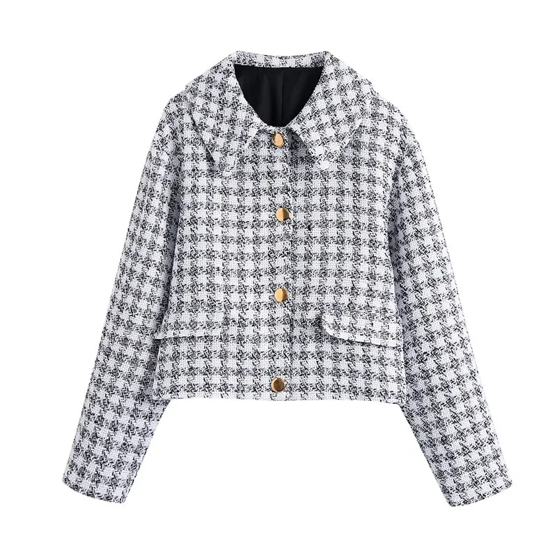 

TRAF Za 2021 Plaid Tweed Jacket Women Textured Cropped Jacket Woman Vintage Button Long Sleeve Jackets Female Autumn Short Coat