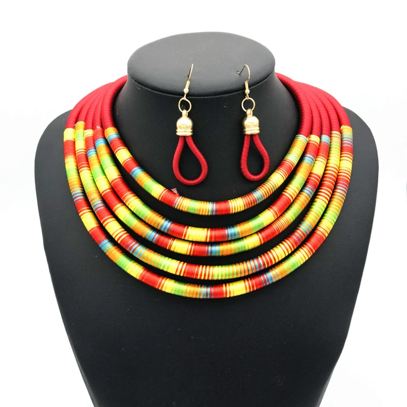 

African Multilayer Choker Necklaces Earrings Jewelry Sets Women Bib Collar Statement Necklace Rope Magnetism Boho Jewelry