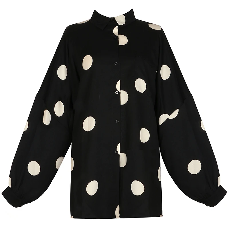 DEAT женская Свободная шифоновая рубашка размера Плюс в горошек со стоячим