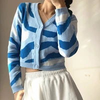 2021 new cardigan sweater short camouflage knitted jacket street hipster women fall winter v neck fashion water ripple crop top